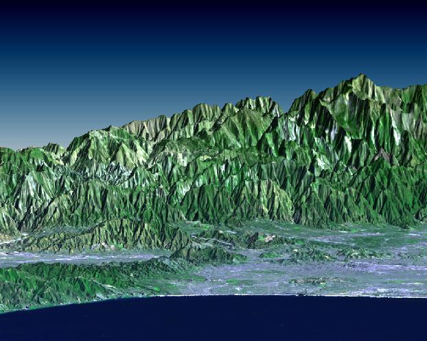 SRTM Perspective View with LandsatOverlay: Santa Monica Bay to Mount Baden-Powell,California