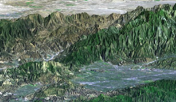 SRTM Perspective View with LandsatOverlay: San Fernando Valley, California