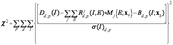 chi-square = [sum over p][sum over d][sum over l]([D_dp(I)-[sum over j][sum over E](R_jdp(I,E)*M_j(E;x_s)-B_dp(I;x_s))]/sigma(I)_dp)^2)